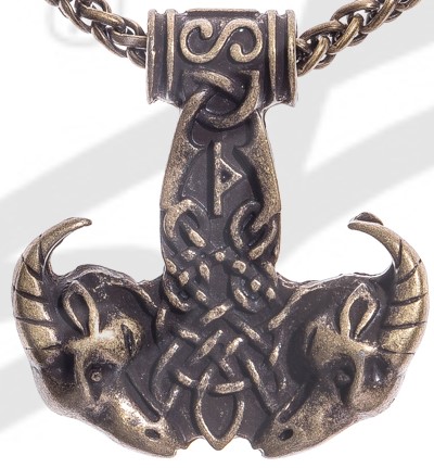 [P-5120-21] Halskette Thor-Hammer mit Ziegenköpfen , altmessing
