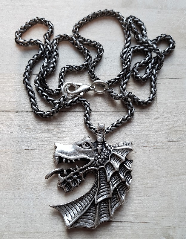 [PK-5128-1] Silberfarbener Drachenkopf – Wikinger-Halskette im Nordstil | Mittelalter Schmuck