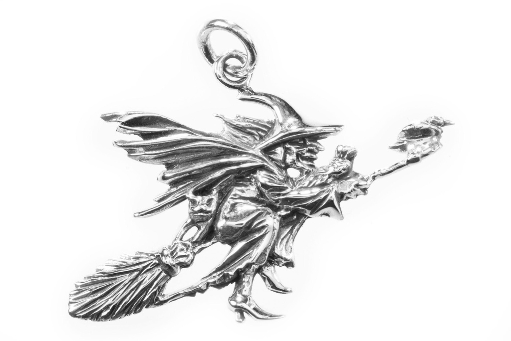 [am81] Schmuckstück  Schmuck Anhänger MADAME MIM 4.2 cm Rabe und Hexenbesen Silber 4.5 cm