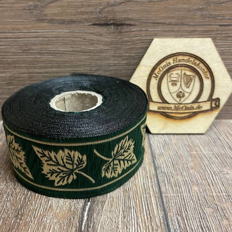 [B33086-grasgrn] Borte Blätter in grün-gold, 33 mm, 10 m auf Rolle - Webborte zur Verzierung mittelalterlicher Kostüme und Larp Gewandungen