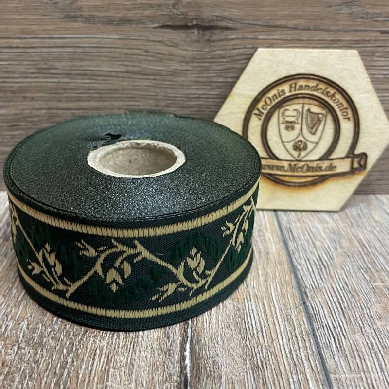 [B33094-grasgrn] Borte Blumenranke 2 in grün-gold 33 mm- 10 m - Webborte zur Verzierung mittelalterlicher Kostüme und Larp Gewandungen