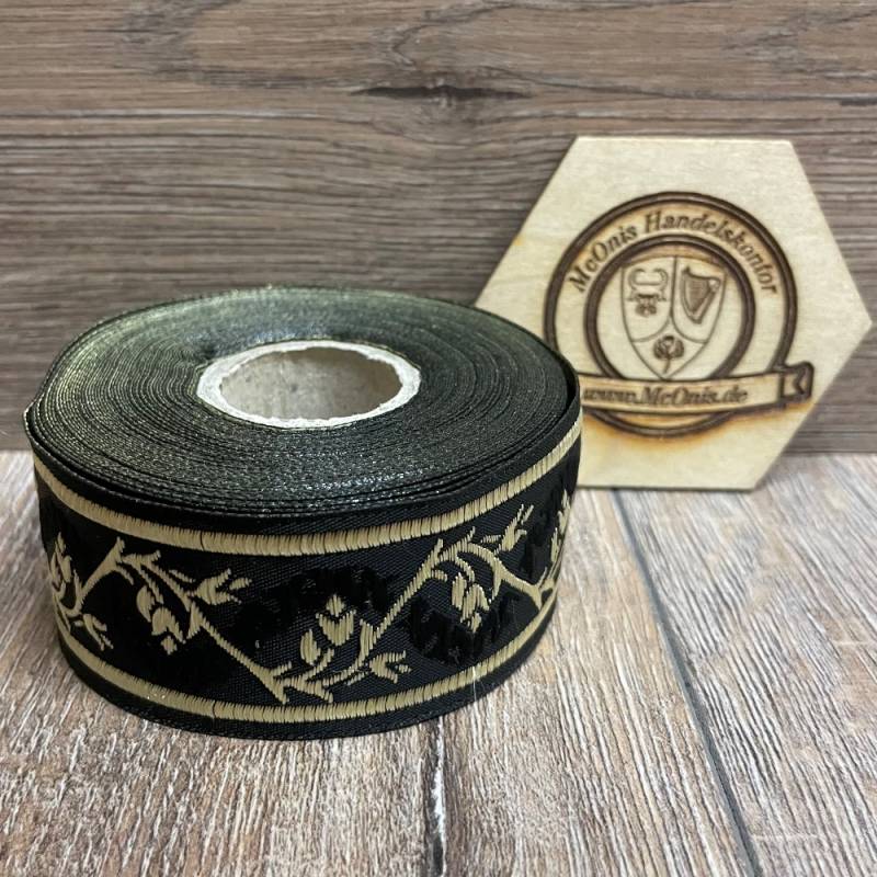 [B33094-schw] Borte Blumenranke 2 in schwarz-gold 33 mm- 10 m - Webborte zur Verzierung mittelalterlicher Kostüme und Larp Gewandungen