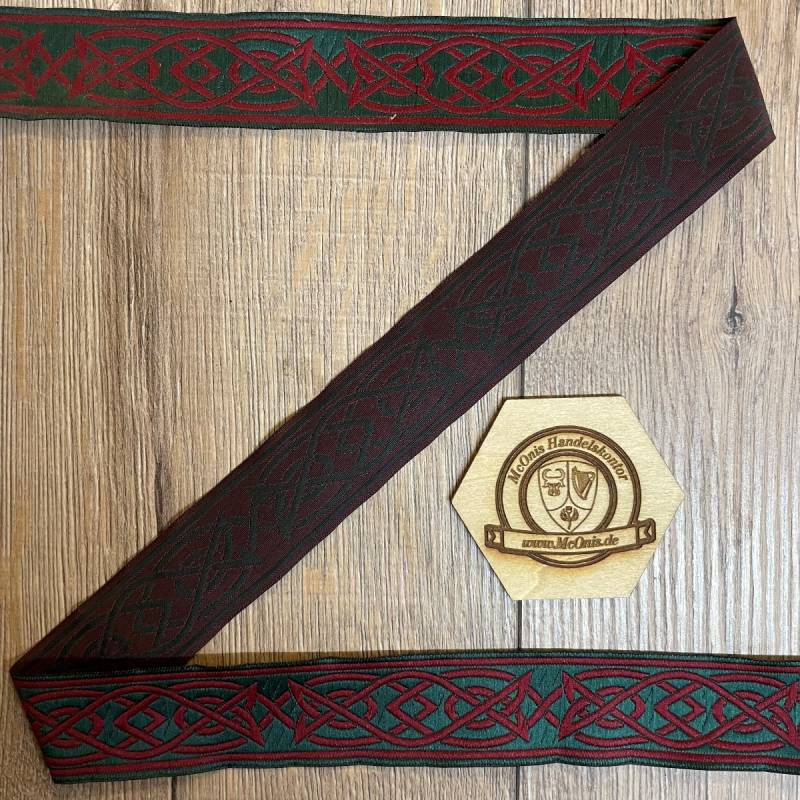 [B33115-5m-grasgrnbrdx] Borte Keltisch 4 in grün-bordeaux, 33 mm auf 5 m Rolle - Webborte zur Verzierung mittelalterlicher Kostüme und Larp Gewandungen