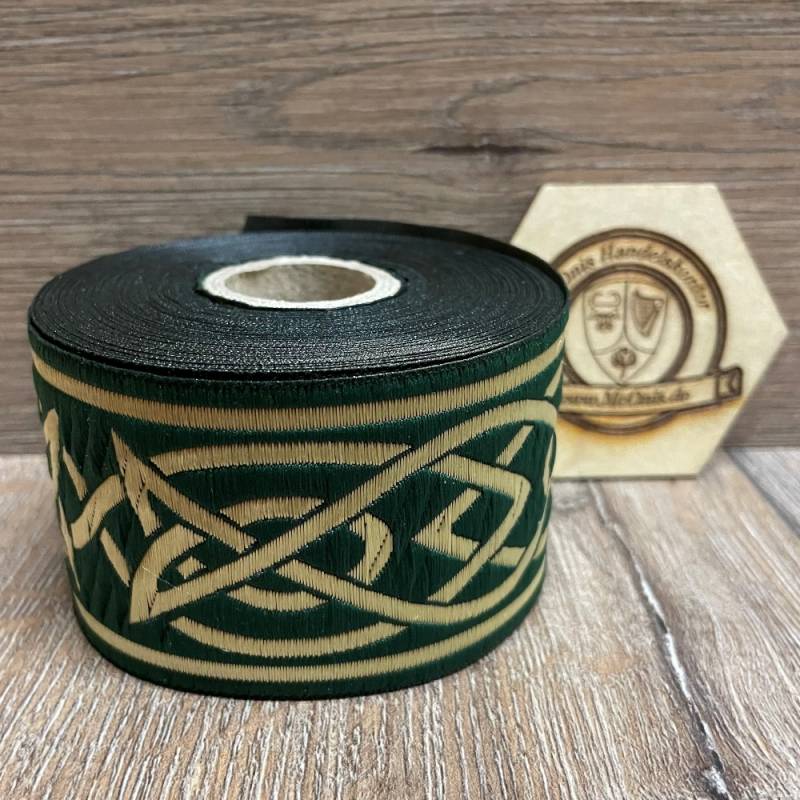 [B50115-grasgrn] Borte "Keltisch 4" grün-gold, 50 mm breite, 10 m auf Rolle