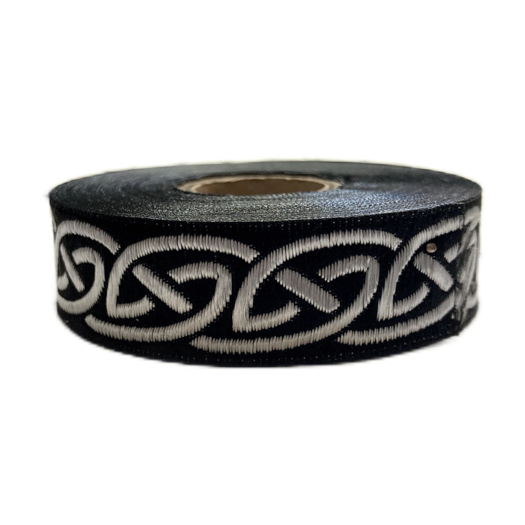 [19001-schwsi] Borte Keltisch 2 in Schwarz-silber, 19 mm- Webborte zur Verzierung mittelalterlicher Kostüme und Larp Gewandungen