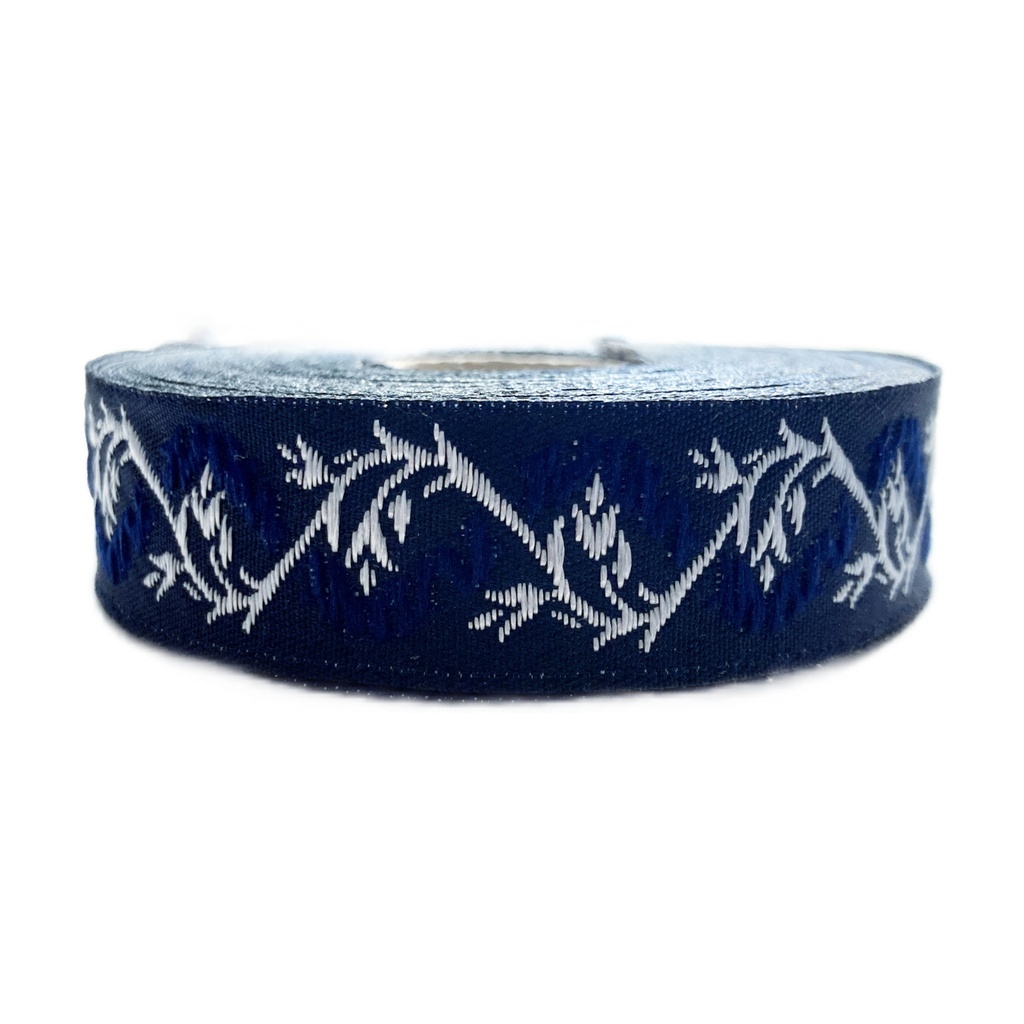 [19094-blslb] Borte Blumenranke in blau-silber, 19 mm- Webborte zur Verzierung mittelalterlicher Kostüme und Larp Gewandungen