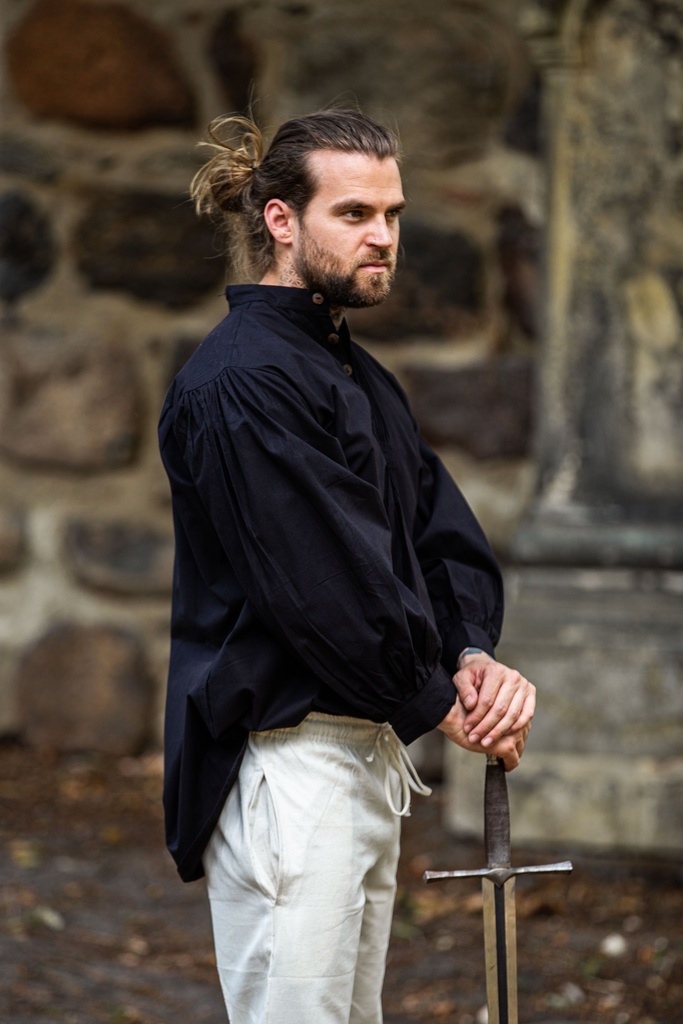 [2033s] Biesenhemd mit Holzknöpfen Farbe schwarz, Baumwolle Mittelalterhemd (S)