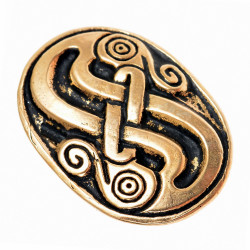 [02 Absch Vend.ma.br] Griffabschluss für Wikinger-Sax – Schlangenmotiv nach Vedelzeit-Fund, Bronze oder versilbert  (Bronze)