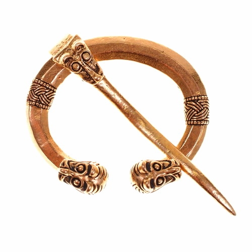 [07 Fib Tierkopf.ma.br] Replik einer Ringfibel mit Tierköpfen Wikinger Schmuck (Bronze)