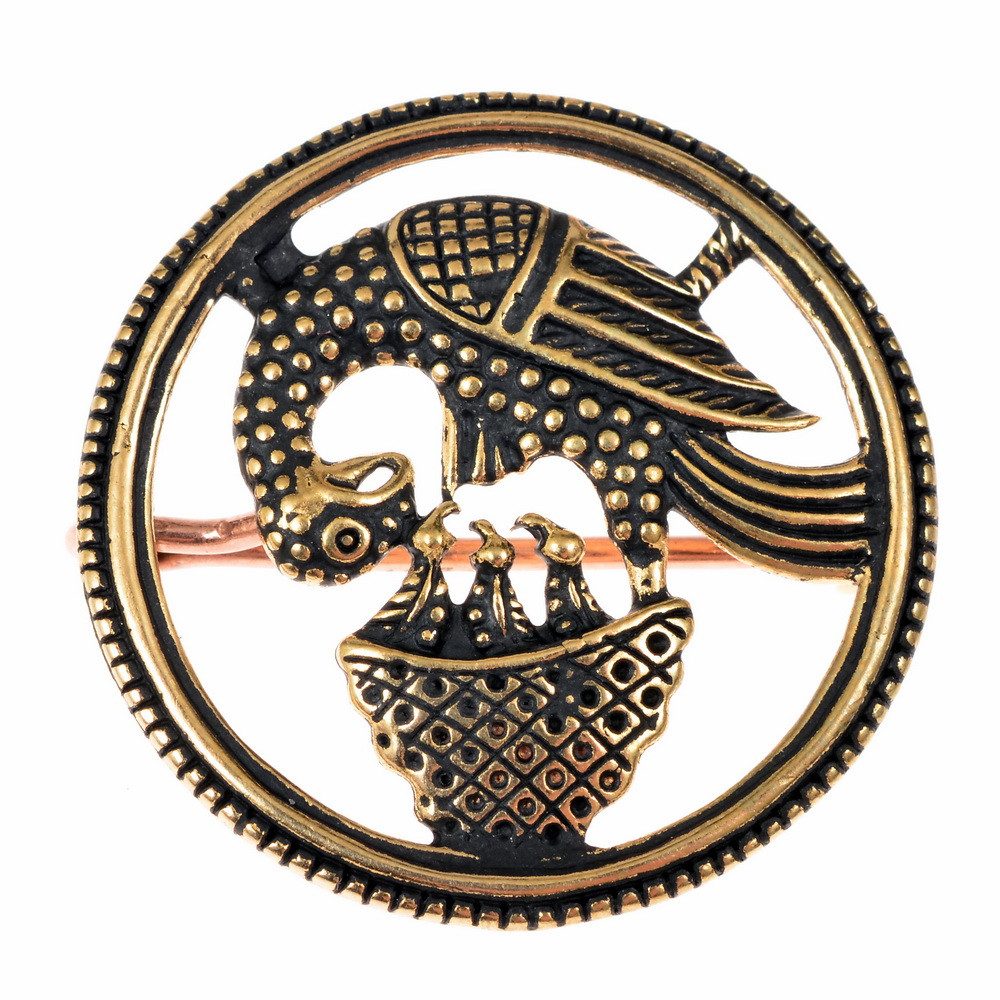 [07 BR Pelikan.b] Mittelalterliche Fibel Pelikan - Bronze oder Bronze versilbert - 3,3 cm Pilgerabzeichen (Bronze)