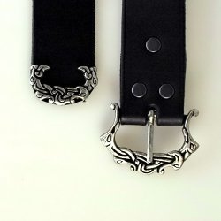 [10 wik 4:B Z.kl.br.si] Wikinger Gürtel im Ringerike Stil mit Riemenende, 4 cm Langgürtel (S, braun, silber)