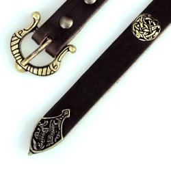 [10 wik 2:A ZN.kl.br.si] Norwegischer Wikinger Gürtel mit Riemenende und Ziernieten, 2 cm  - Accessoire für Mittelalter Reenactment & Larp (S, braun, silber)