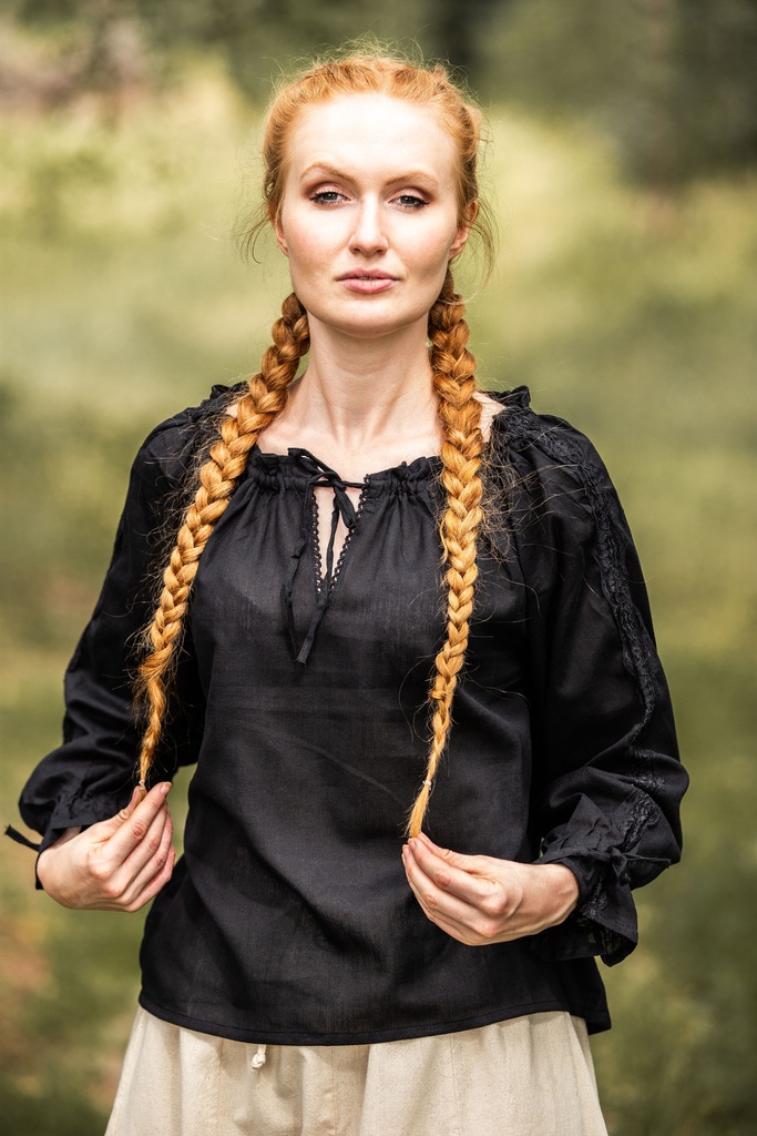 [2028s.gr.xs] Mittelalterbluse mit Spitze "Bettina" Schwarz (XS)