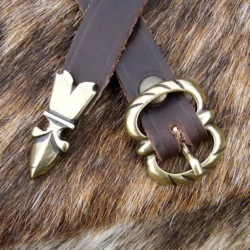 [10 MA 15:A Z.le.br.me.si] Mittelalter-Gürtel 1,5 cm + Riemenende Spätmittelalter (braun, silber)