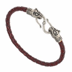 [07 Cord 4 Fossi.kl.br.si] Wikinger-Armband "Wolfskopf" (braun / silber, klein)