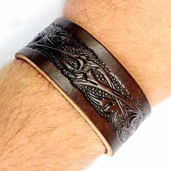 [03 A-G 3 FL.kl.br] Leder-Armband in 3 cm Breite - Floral (braun, klein)