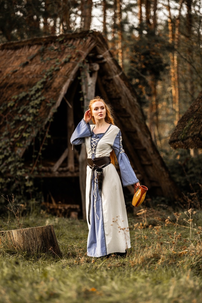 [4963bln.gr.s] Mittelalter Kleid Amalia Natur/Taubenblau (S)