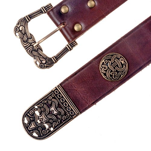 [10 wik 45 ZN.kl.br.si] Wikinger Gürtel Vaerne 4,5 cm mit Riemenende und Nieten Langgürtel (klein, braun, silber)