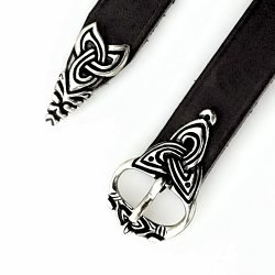 [10 wik 2:B Z.kl.br.si] Wikinger Gürtel im Borre Stil mit Riemenende, 2 cm - Accessoire für Mittelalter Reenactment, Larp & Fantasy Gewandung (S, braun, silber)