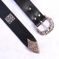 [10 wik 3:B ZN.kl.br.si] Wikinger Gürtel im Borre Stil mit Riemenende und Nieten, 3 cm (S, braun, silber)