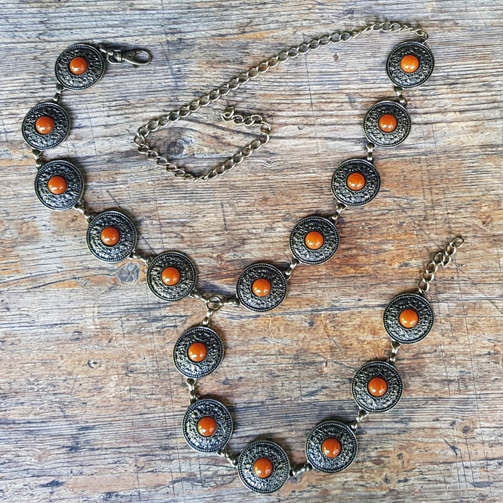 [CYA-5361-2] Y-NITRAM, Ypsilon-Kettengürtel, messingfarben, bernsteinfarbene Perle