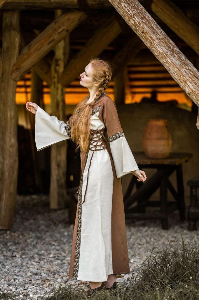 Mittelalter Baumwollkleid "Angie" Tabak/Natur (XS)
