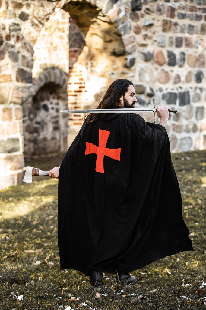[7020sr] Baumwoll Umhang mit Templer Kreuz, Mantel, Halbkreismantel - Gewand für Mittelalter, Larp und Reenactment
