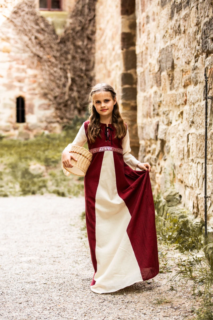 [4040rn-xxxs] Mädchenkleid "Piccola Donna" in Rot-Natur Eleganz für junge Mittelalterliebhaberinnen (XXXS)