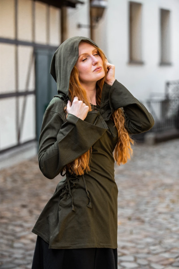 Geschnürtes Oberteil "Lea" mit Kapuze in Olivgrün – Authentische Mittelalter-Gewandung für Damen (XS)