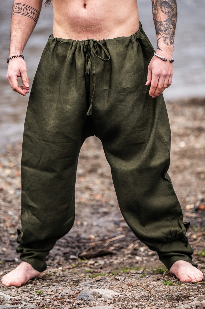 Wikingerhose mit Beinschnürung Wodan oliv Leinen  (S)