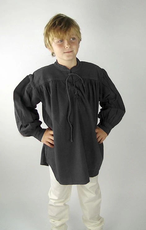 Kinder-Stehkragen-Schnürhemd „Finn“ – Klassisches Mittelalter-Hemd in Schwarz (146/152 (10 - 11 Jahre))