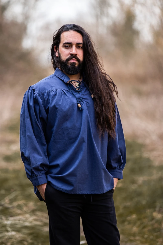 Mittelalter-Stehkragen-Schnürhemd „Friedrich“ – Authentisches Baumwoll-Leinen-Hemd in Blau  (S)