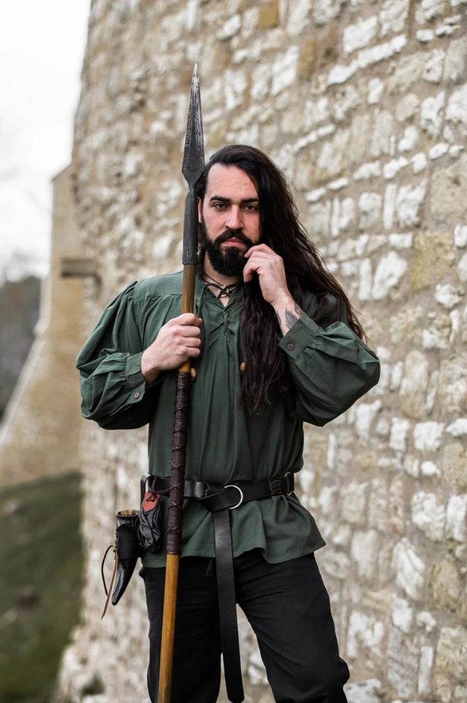 Mittelalter-Stehkragen-Schnürhemd „Friedrich“ – Authentisches Baumwoll-Leinen-Hemd in Grün (S)