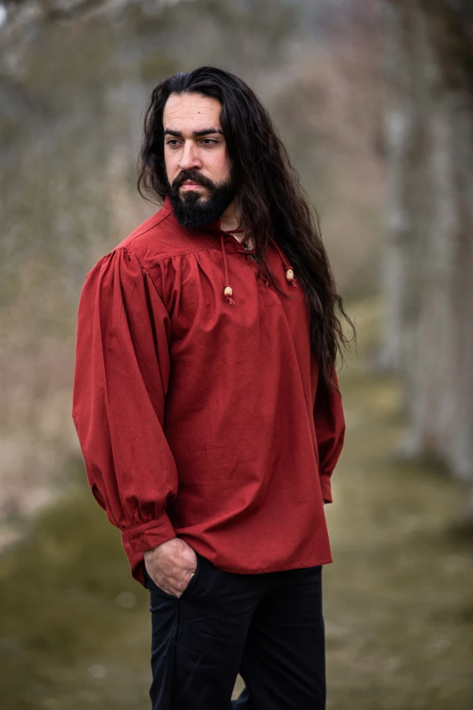 Mittelalter-Stehkragen-Schnürhemd „Friedrich“ – Authentisches Baumwoll-Leinen-Hemd in Rot