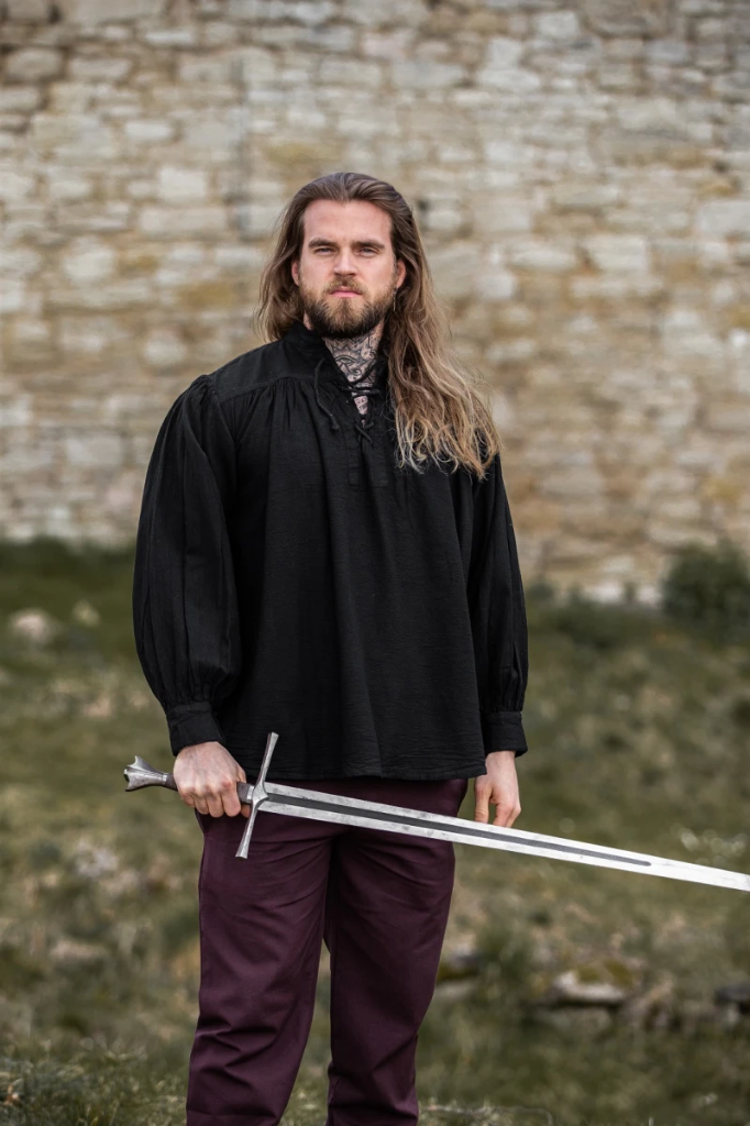 Mittelalter-Stehkragen-Schnürhemd „Friedrich“ – Authentisches Baumwoll-Leinen-Hemd in Schwarz (S)