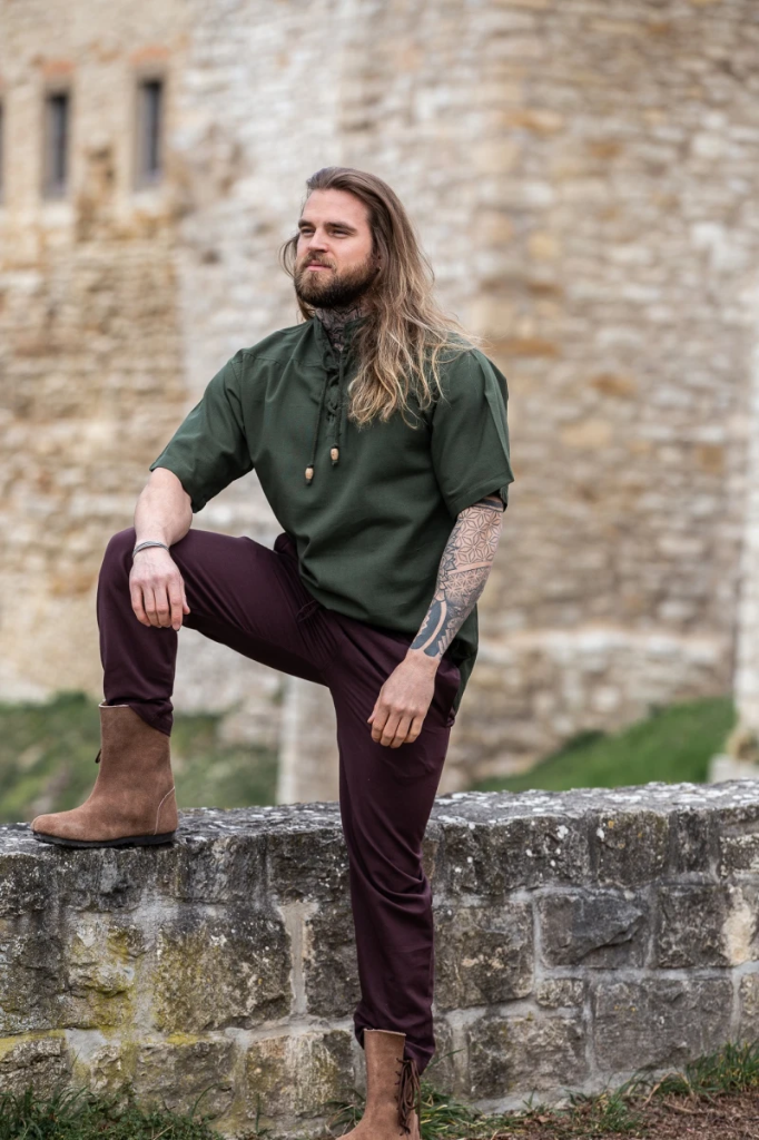 Mittelalter-Kurzarmhemd „Eric“ – Authentisches Baumwoll-Hemd in Grün (S)