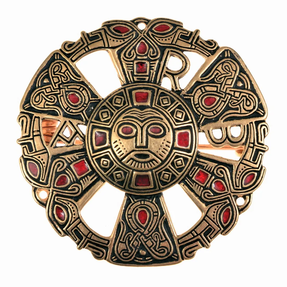 Mittelalter-Brosche „Limons“ – Merowinger-Replik mit Christogramm und Glasflusseinlagen (Bronze)