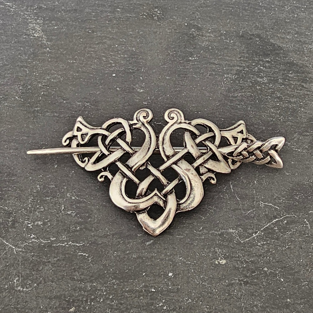 [A-676x-1] Keltische Gewandspange „Celtic Roots“ – silberfarben, mit Knotennadel, auch als Haarspange tragbar