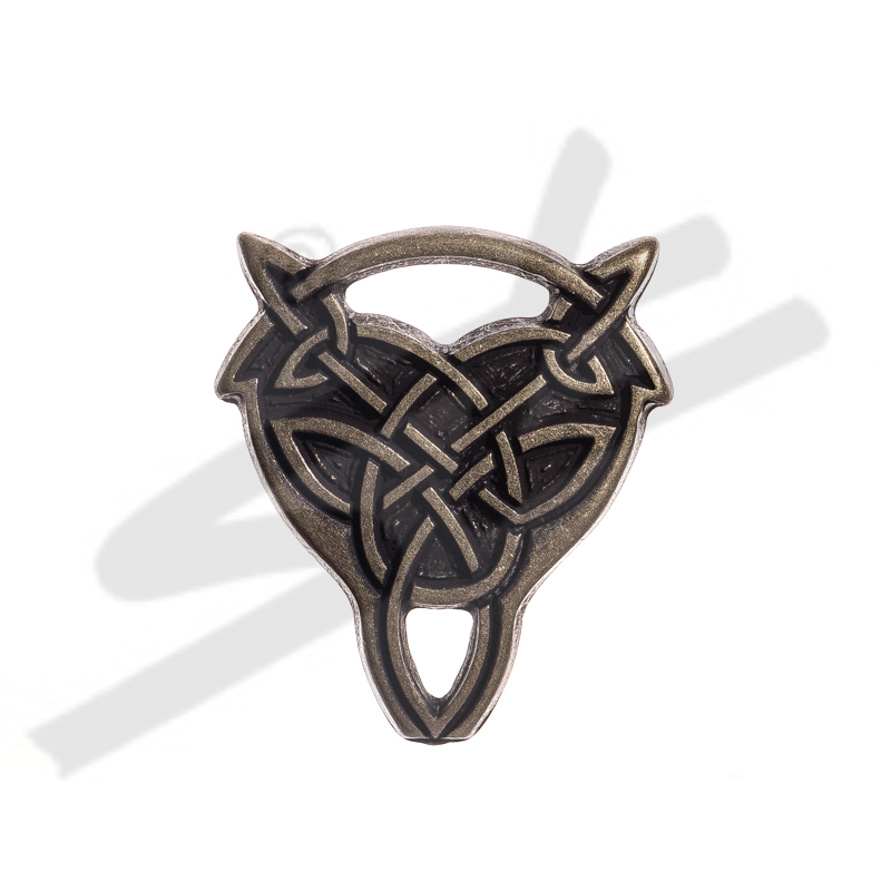 [N-036-21] Keltischer Wolfskopf-Knoten messingfarben – Zierbeschlag oder Gürtelspitze für 4 cm Riemenbreite
