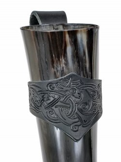 Trinkhorn mit Leder-Halter, Wikinger-Prägung - bis 6 cm