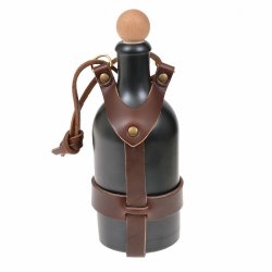 Mittelalter-Feldflasche aus Steinzeug mit Leder-Halfter - 0,5 l