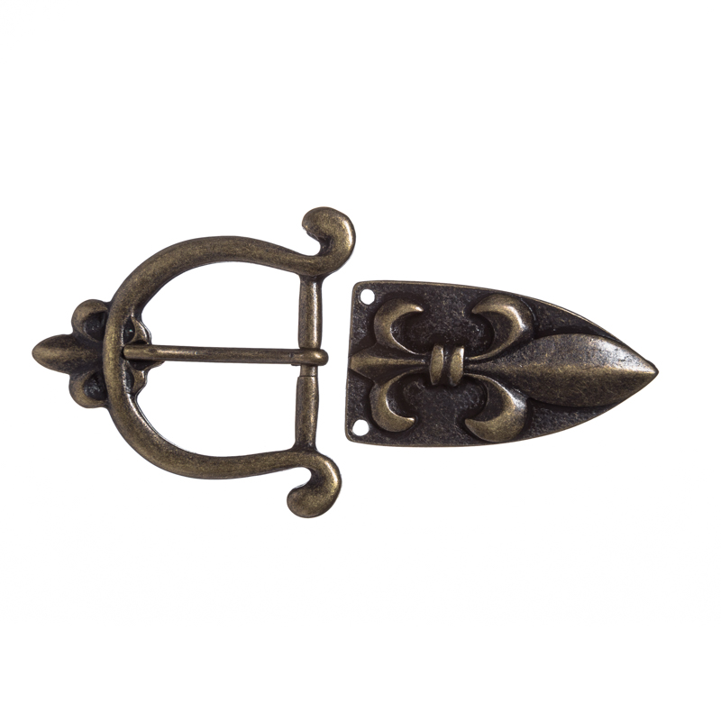 PORTOS-SET, 3cm, altmessingfarbene Lilien-Schließe mit Gürtelspitze,Mittelalter,Fleur de Lys