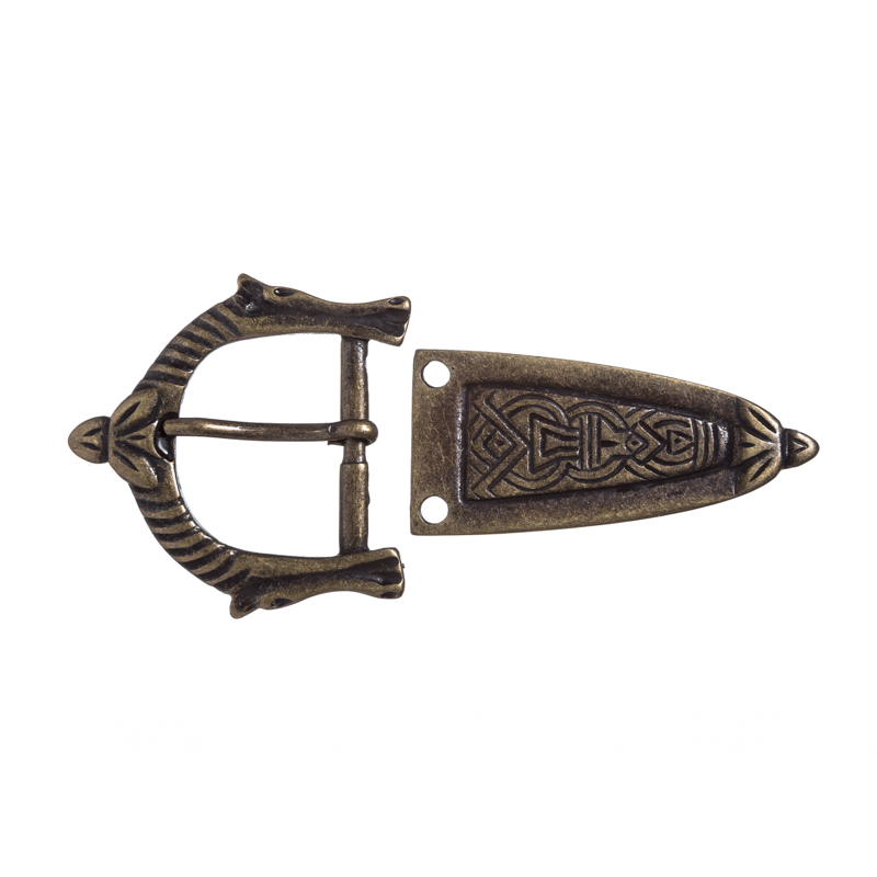 ARAMIS-SET, 3cm, altmessingfarbene Pferdeschließe mit Gürtelspitze,Mittelalter,