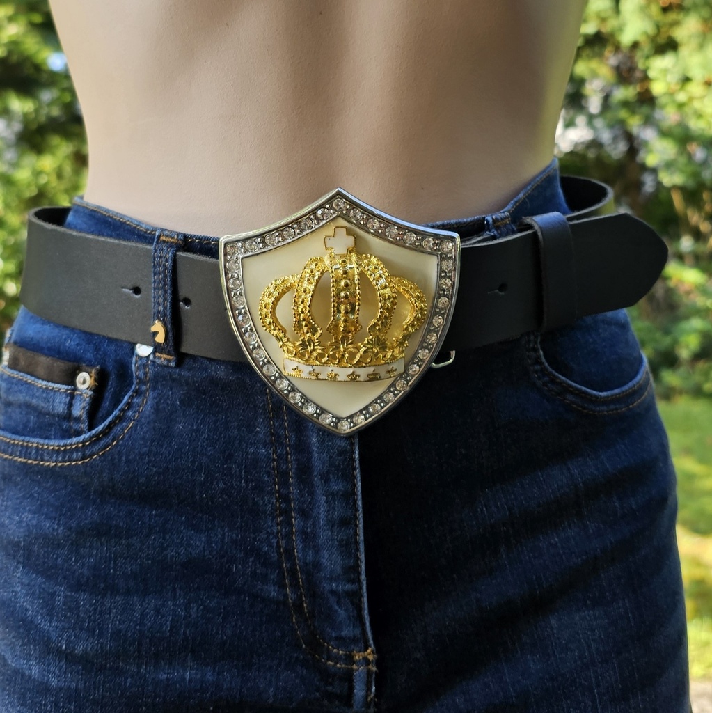 GUINEVERE, silberne 4cm Wappen-Schließe, weiß Emaille, Krone,Strass, Mittelalter, Larp, Cosplay
