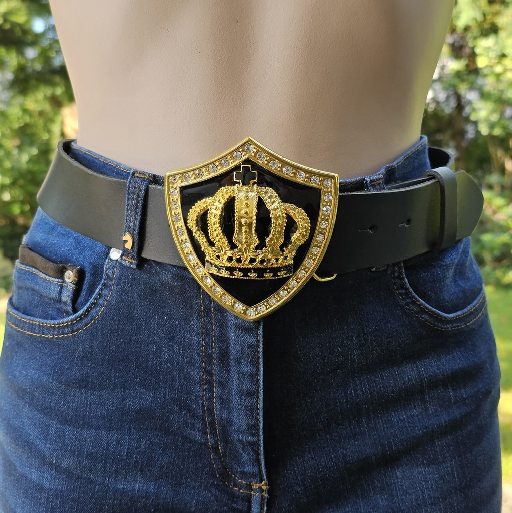 ARTUS, goldene 4cm Wappen-Schließe, schwarz Emaille, Krone,Strass, Mittelalter, Larp, Cosplay