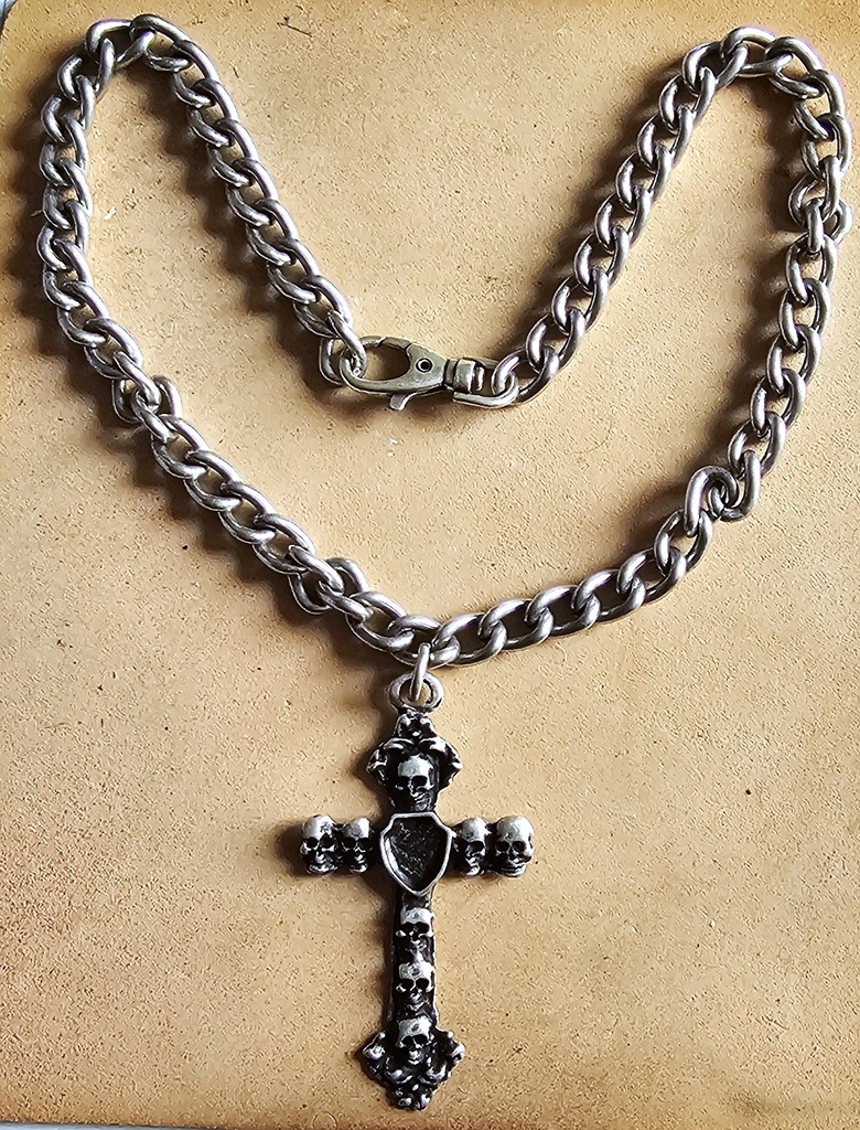 Totenkopf-Kreuz Halskette, Fb:silber,dicke Kette, Halloween,Gothic,Grufties