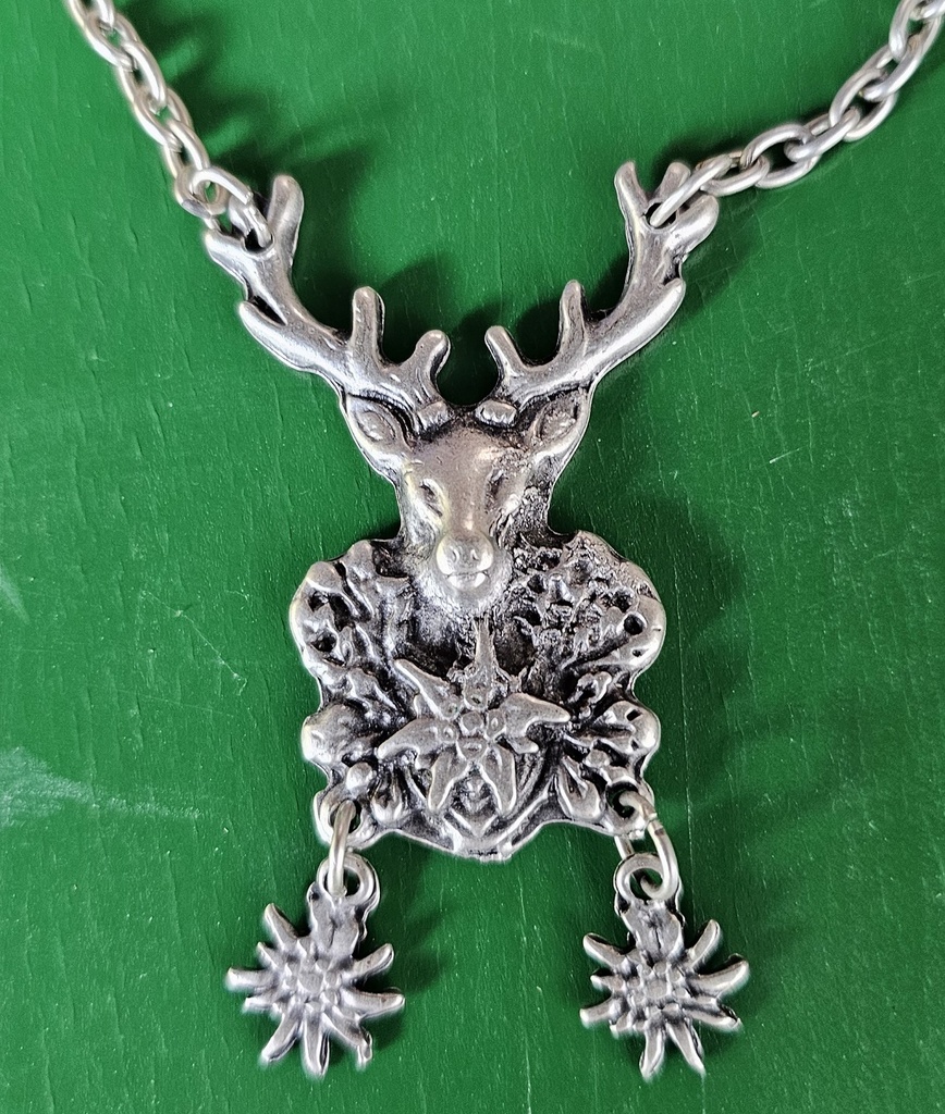 GRIND, Halskette Hirschkopf und Edelweiß, Fb:silber,OKTOBERFEST,WASN,GÄUBODEN,Trachten-Schmuck