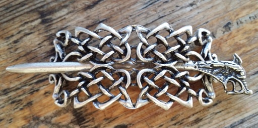 [A-673-1] Haarspange „Keltischer Herzknoten“ Silber – ZAMAK-Haarschmuck mit Drachennadel für LARP & Mittelaltergewandung