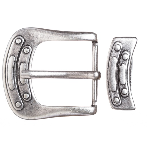 [B617-1] Steampunk Gürtelschließe Set „STP Jeter“ silberfarben – Schnalle & Metallschlaufe im Mechanic-Stil für 4 cm Gürtel