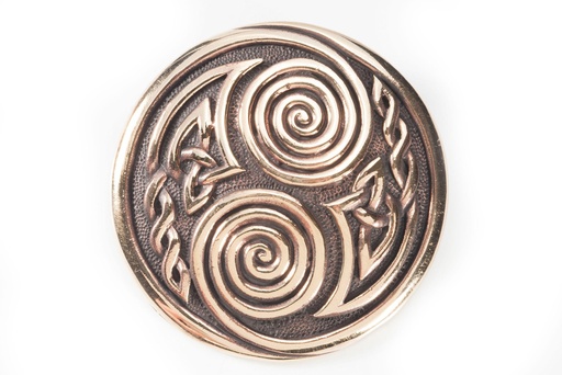 [fb61] Keltische Fibel Brosche "Doppelspirale Massiv" aus Bronze – Große Scheibenfibel mit Knotenmuster 4,8 cm